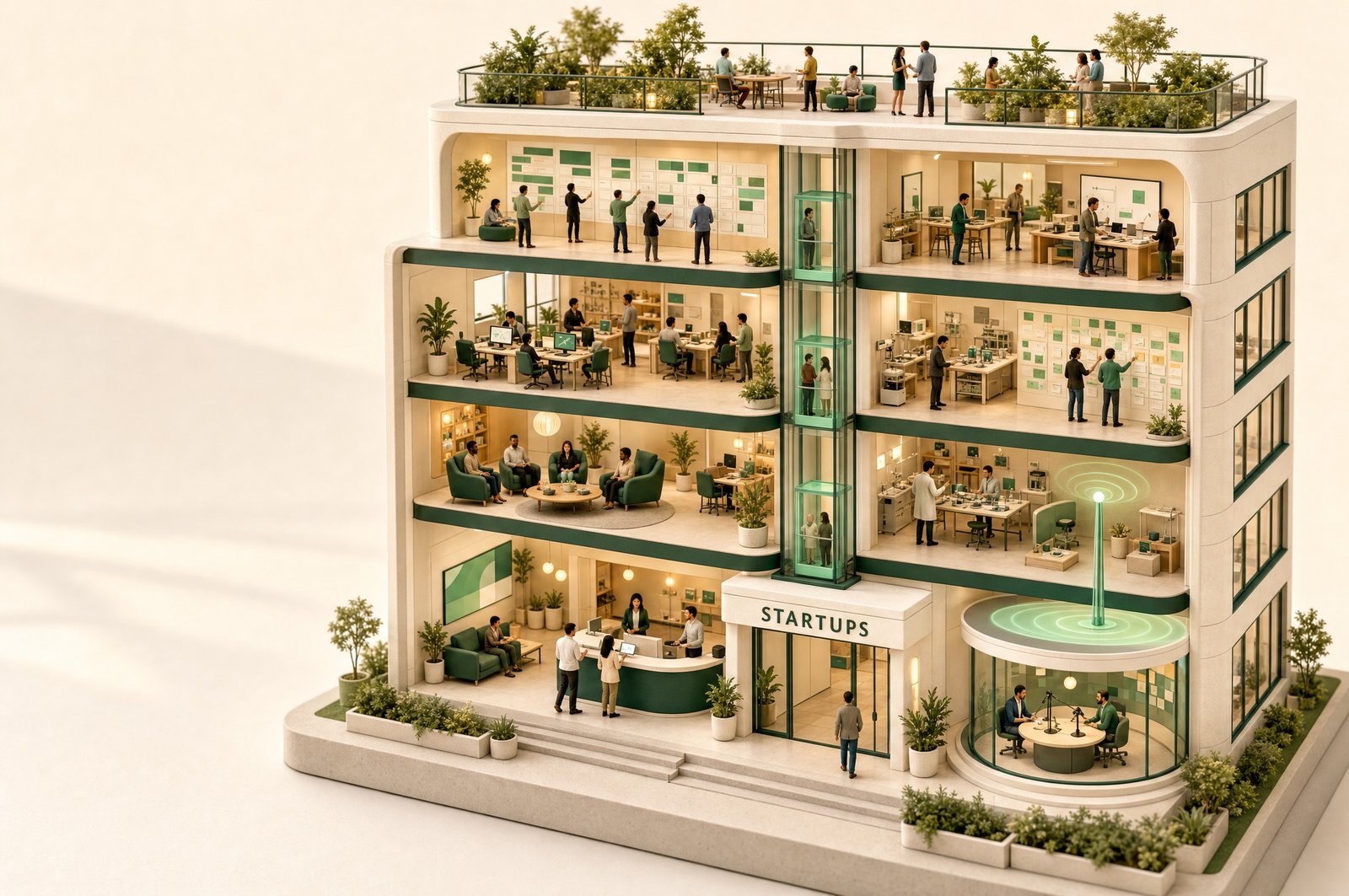 The Startups building — a miniature cutaway of the LoopLift journey: lobby, broadcast studio, lounge, beta lab and roadmap hall connected by a glass lift